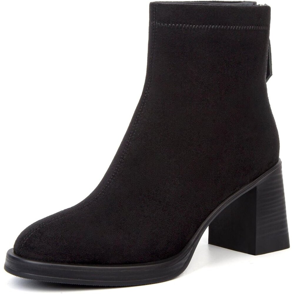 Women's Black Suede Round Toe Elastic Fall Booties Block Slip-on Short Boots